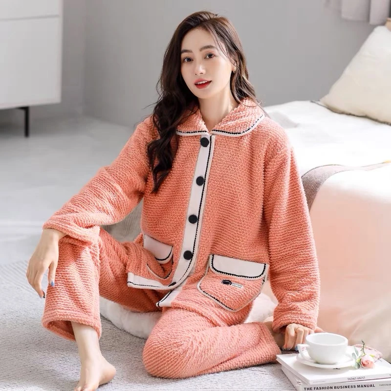 新款冬季雪花绒加绒加厚保暖时尚简约开衫家居服（橘粉色）