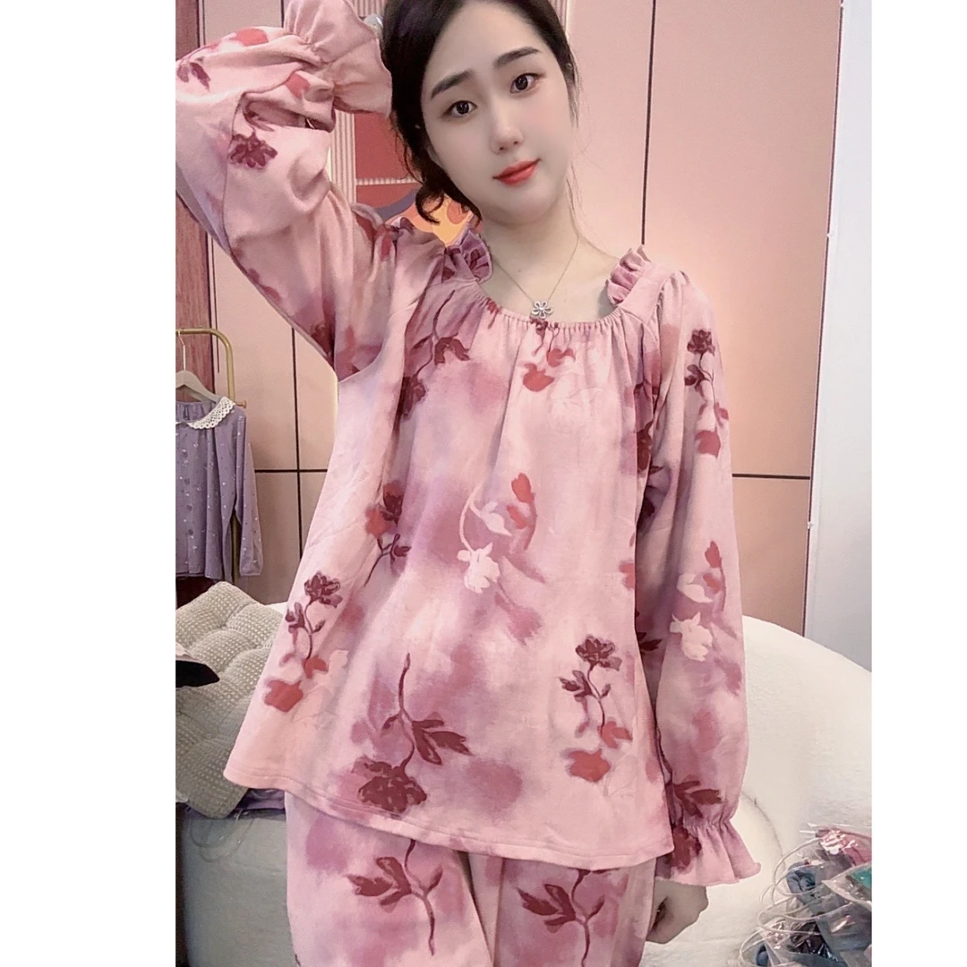 睡衣女冬季新款长袖纯棉韩版甜美休闲宽松家居服套装（腮红玫瑰）
