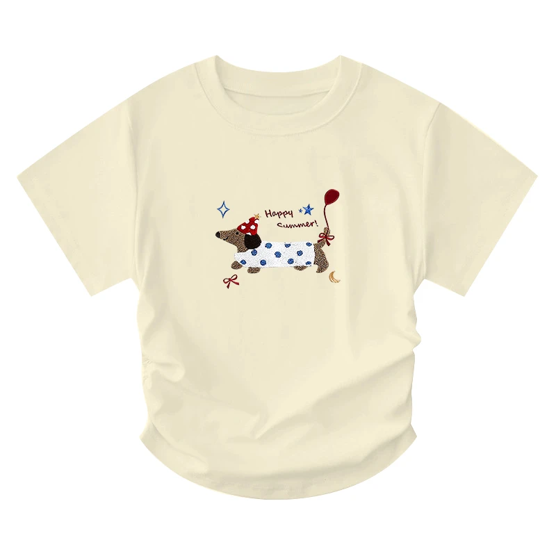 圆领褶皱收腰显瘦夏季修身刺绣小狗卡通可爱上衣辣妹正肩短袖