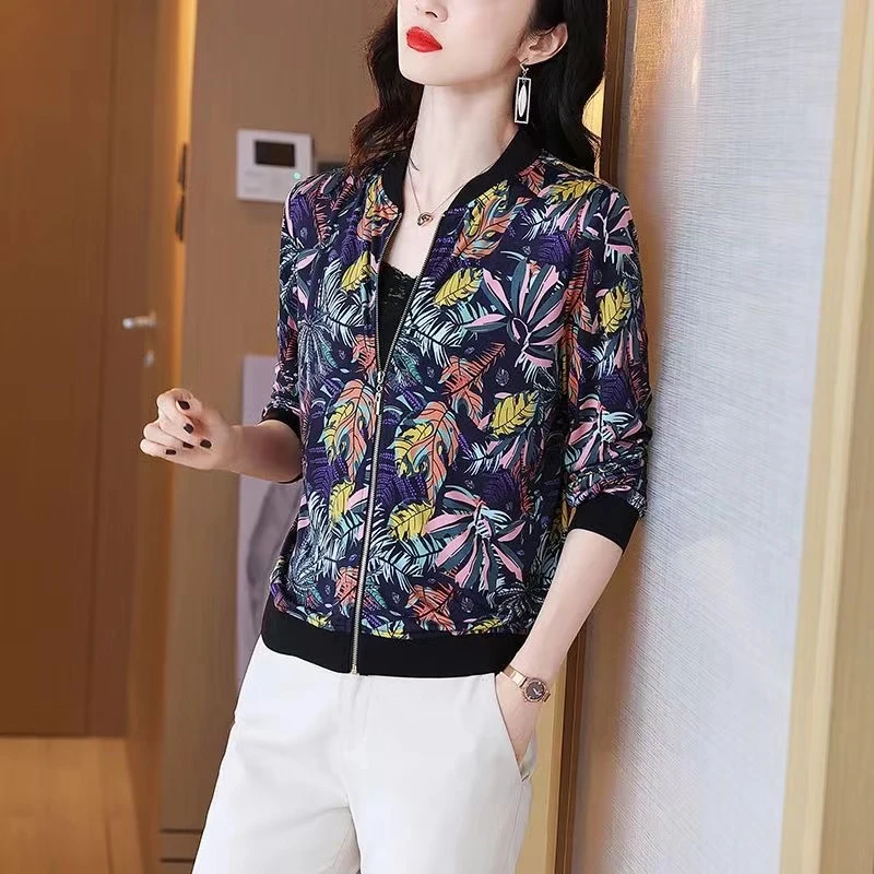 防晒衣女夏季大码开衫雪纺长袖印花短款夹克外套棒球服防晒衫女