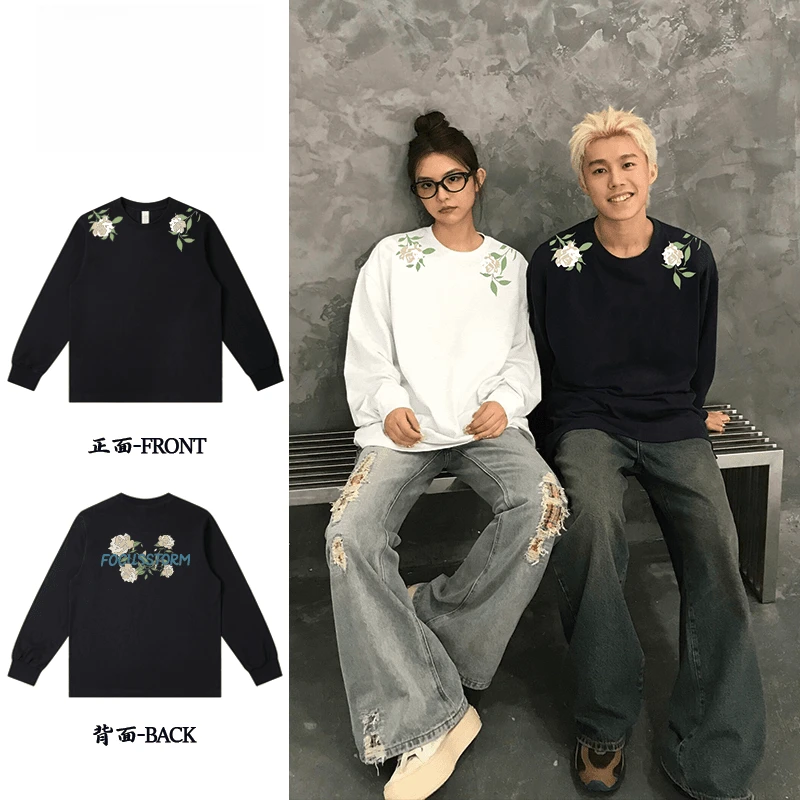 美式潮牌流行ins白玫瑰字母印花长袖T恤男款秋季纯棉重磅高街上衣