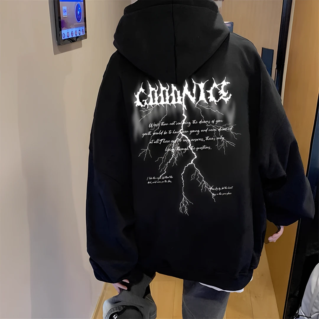 重磅连帽卫衣美式复古潮牌闪电字母印花男痞帅炸街宽松上衣春秋