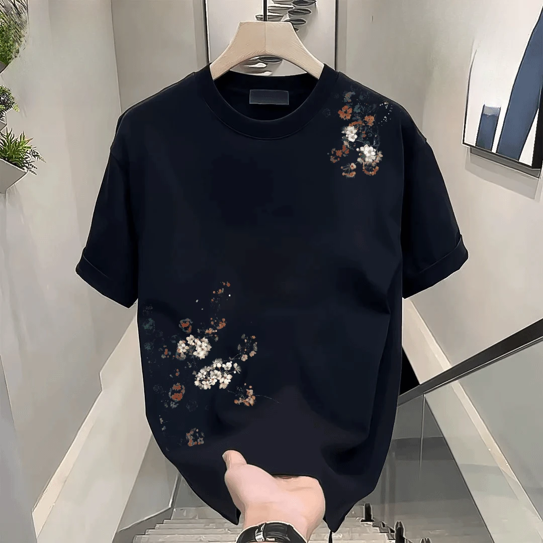 夏季高端轻奢百搭重磅纯棉T恤国风新款潮流宽松休闲百搭圆领T恤