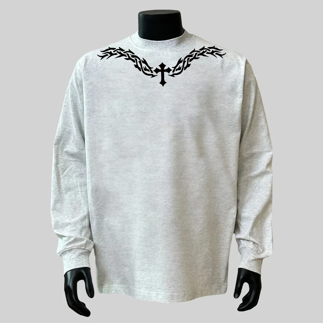 重磅圆领秋冬季长袖上衣个性十字项圈印花白T恤男宽松内搭打底衫
