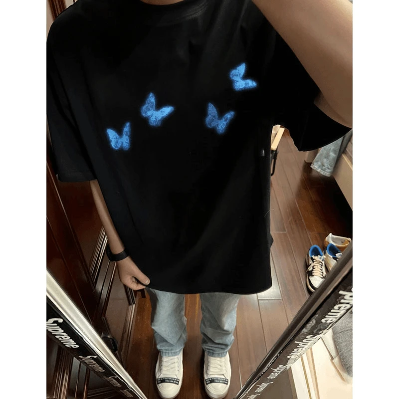 【重磅纯棉】夏季黑色半袖复古宽松美式网红潮流蝴蝶新款男短袖T恤
