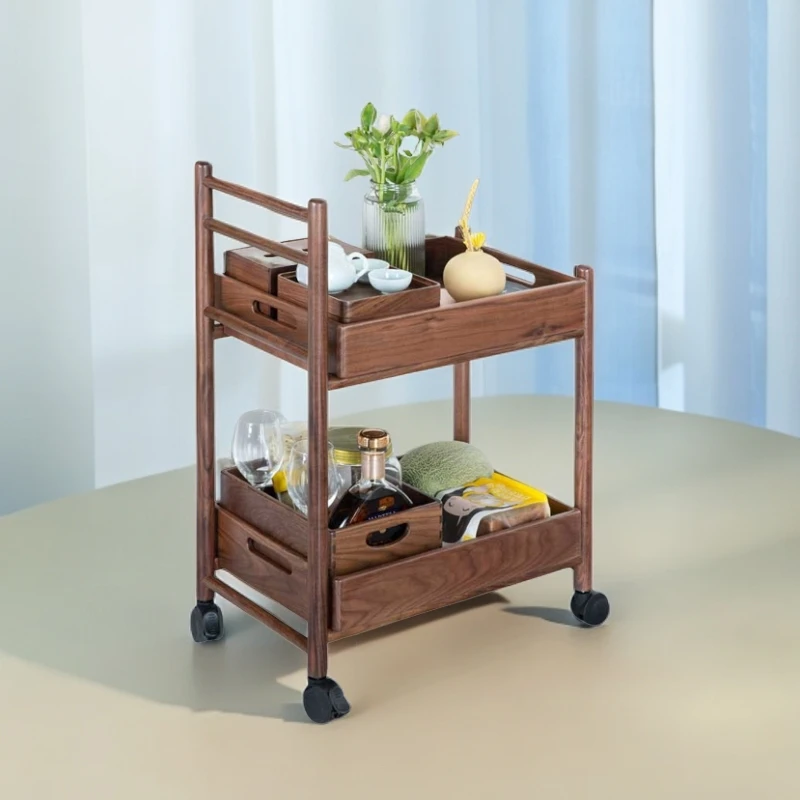 园昌家具 北美黑胡桃小推车移动茶桌53*33*73可移动阳台边几