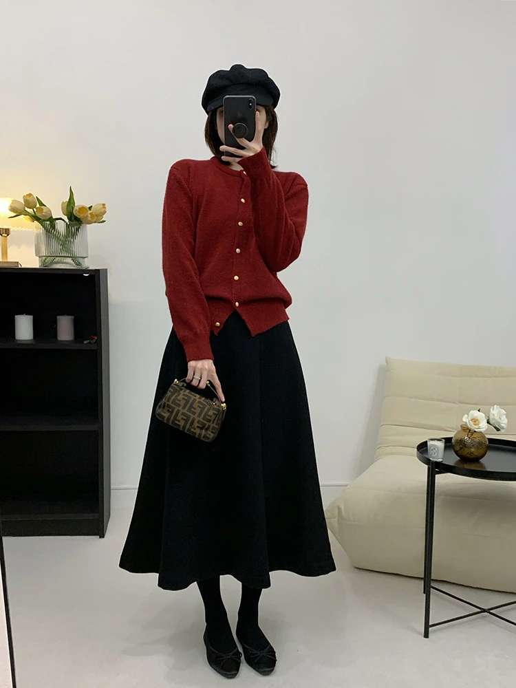 李小里服饰 黑色羊毛呢高腰秋冬a字裙伞裙大裙摆半身裙