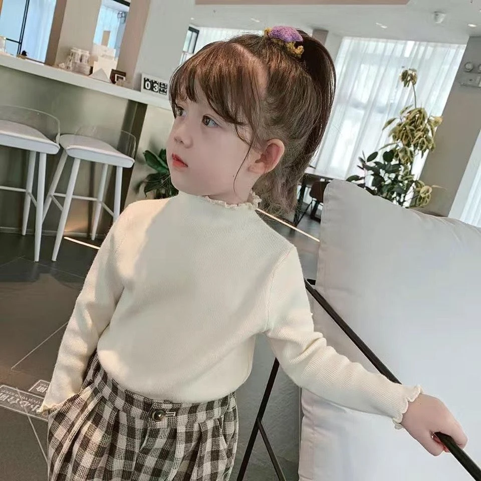 双面德绒半高领秋冬季木耳边女童装新款长袖T恤百搭中小童打底HYY