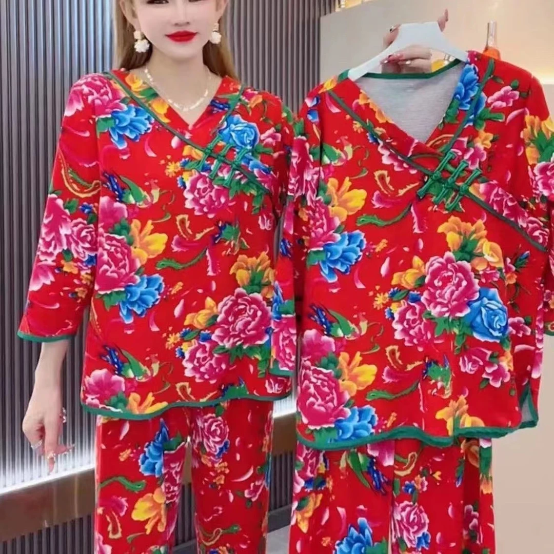 网红新款东北大花加厚德绒时尚睡衣套装碎花长袖家居红睡衣家居服