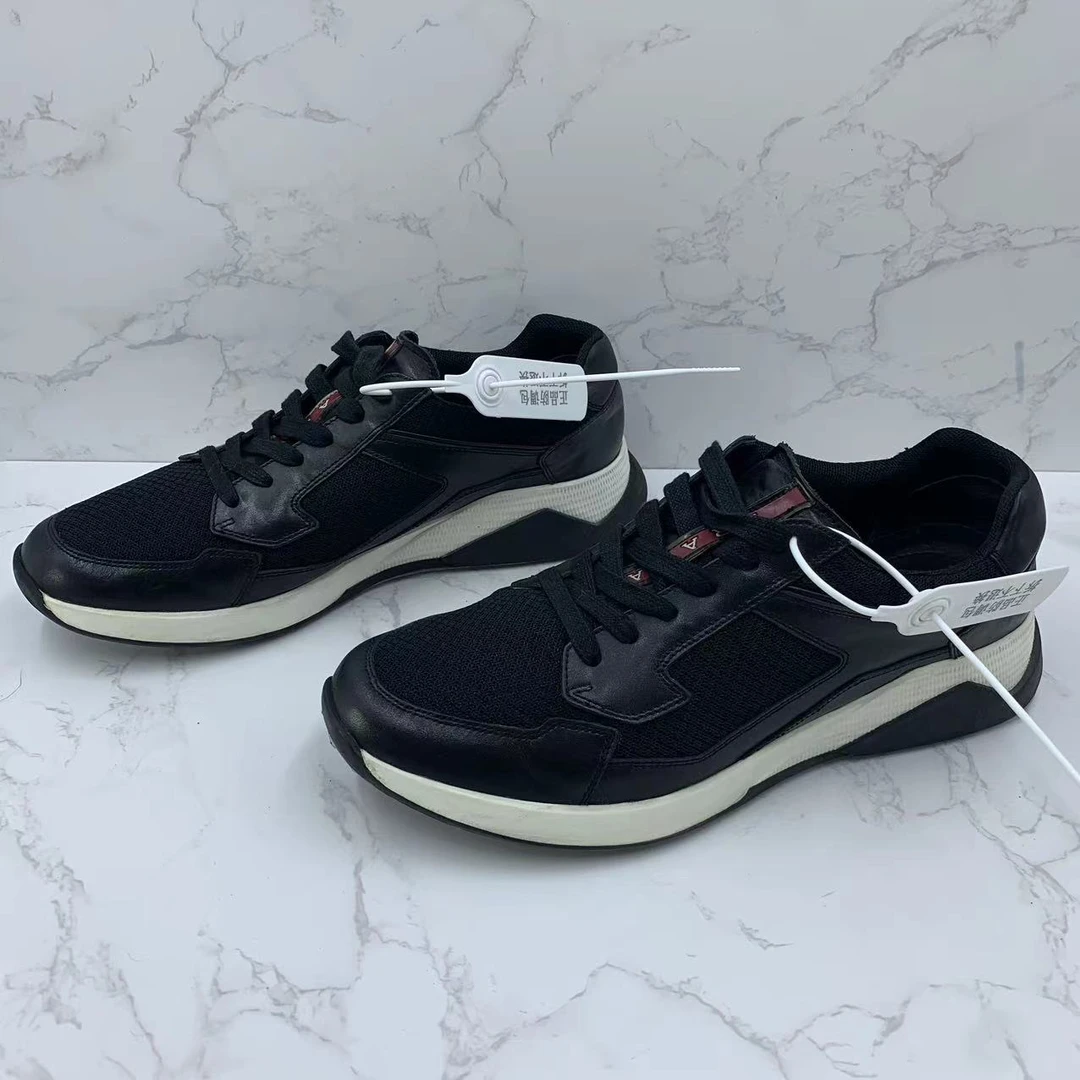 95新 Prada/普拉达 黑色时尚舒适网面男士户外低帮运动鞋42欧码