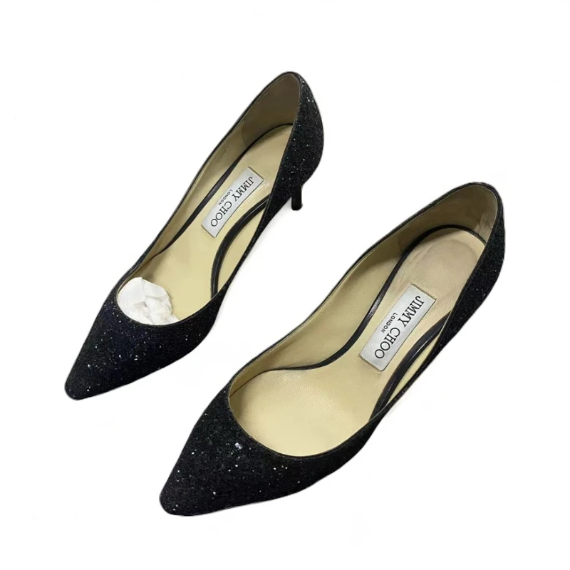 99新 JIMMY CHOO/吉米周 女鞋折扣 黑金亮片尖头高跟鞋37.5码 636
