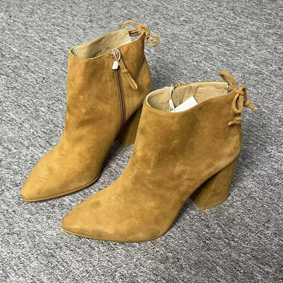 99新 StuartWeitzman 女鞋折扣 棕色尖头粗跟时尚女士短靴36码368