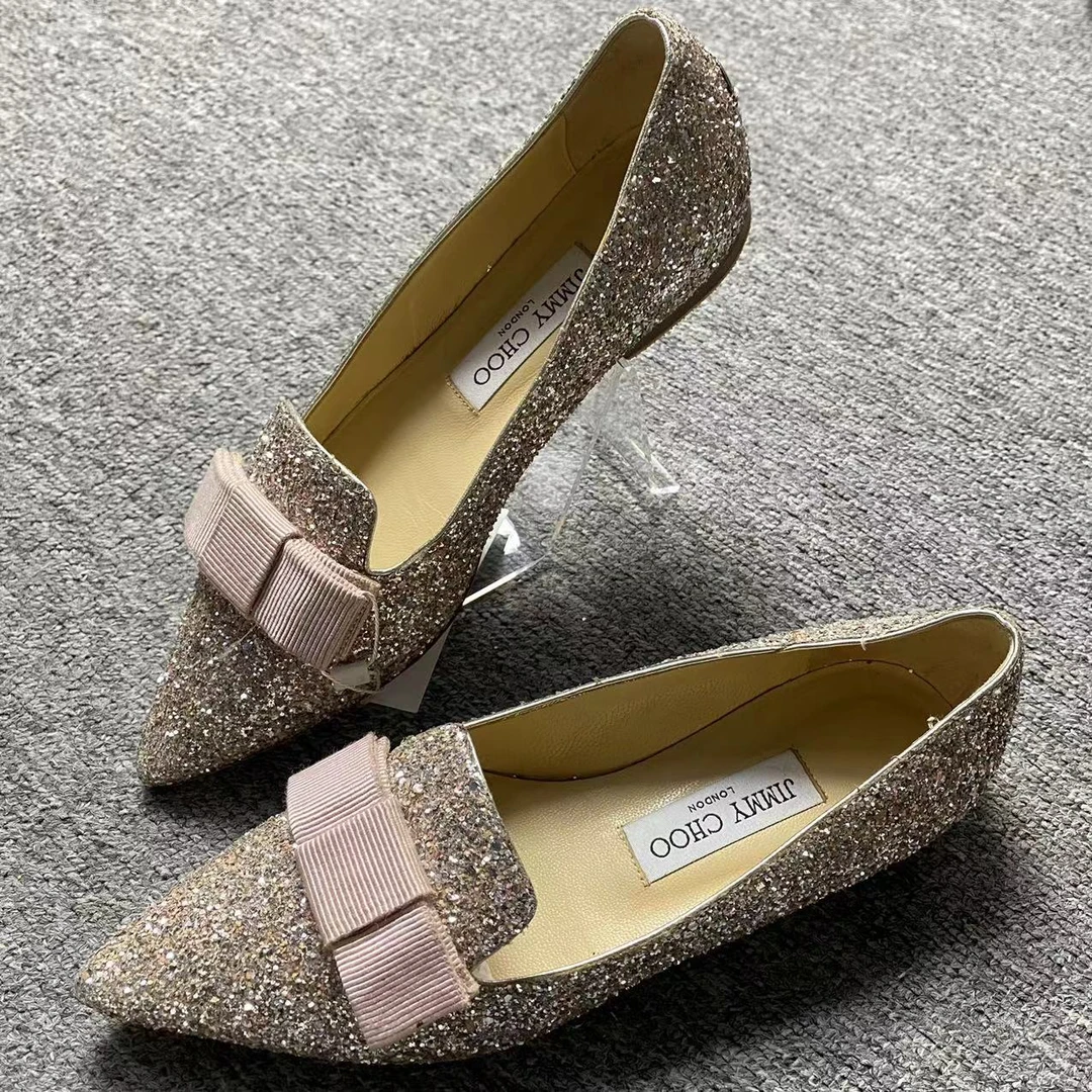 95新 JIMMY CHOO/吉米周 女鞋折扣 粉色蝴蝶结尖头半拖 36码 1480