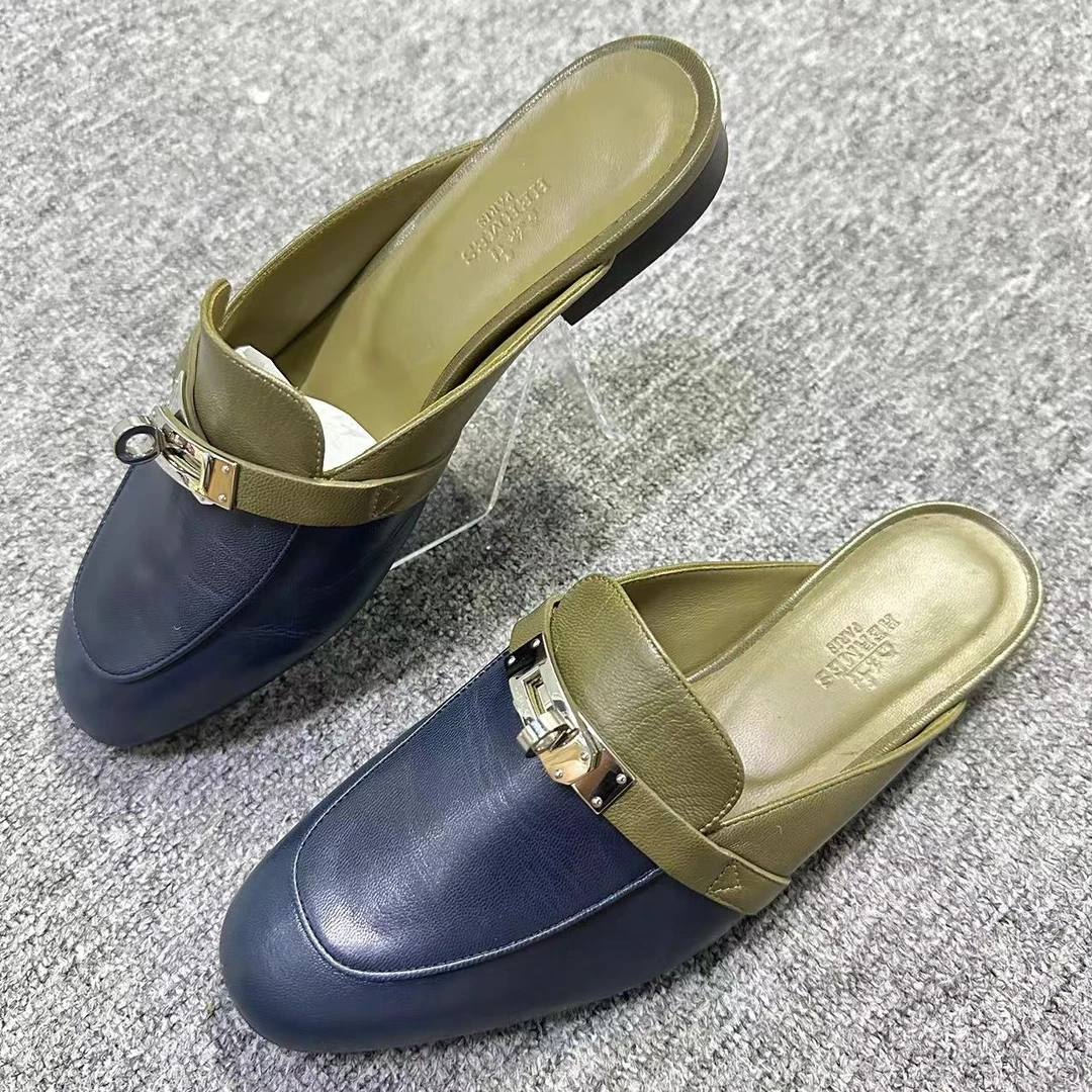 99新 Hermes/爱马仕 女鞋折扣蓝色Kelly扣休闲穆勒拖36.5码xxs289