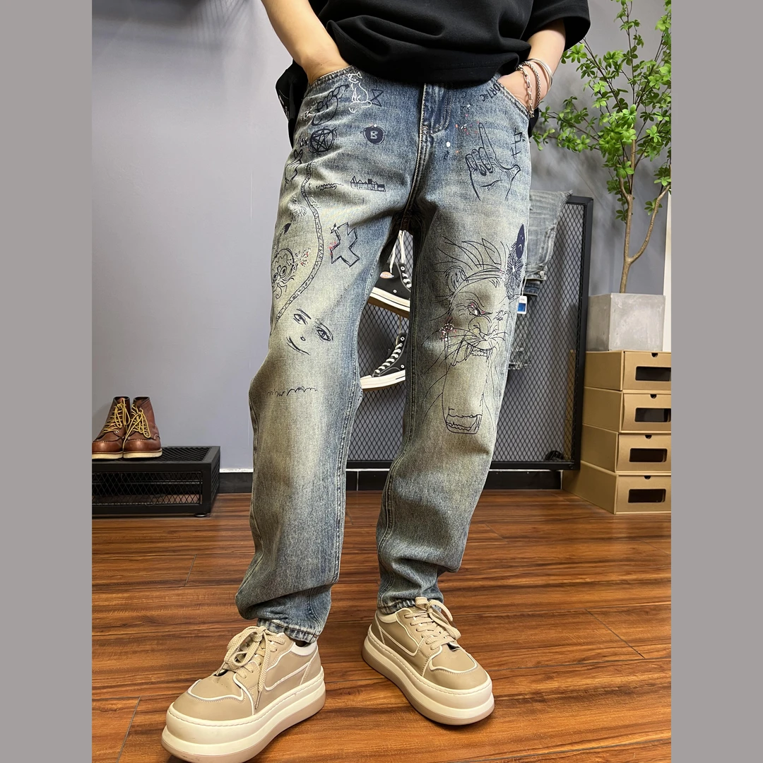 2024牛仔裤男潮牌小众印花个性宽松直筒锥形裤复古做旧高端裤5613