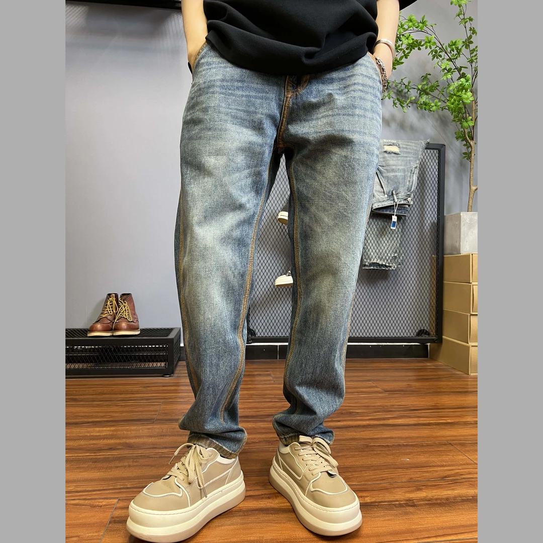 美式复古水洗牛仔裤男黄泥色宽松直筒高街潮牌简约百搭5162-1