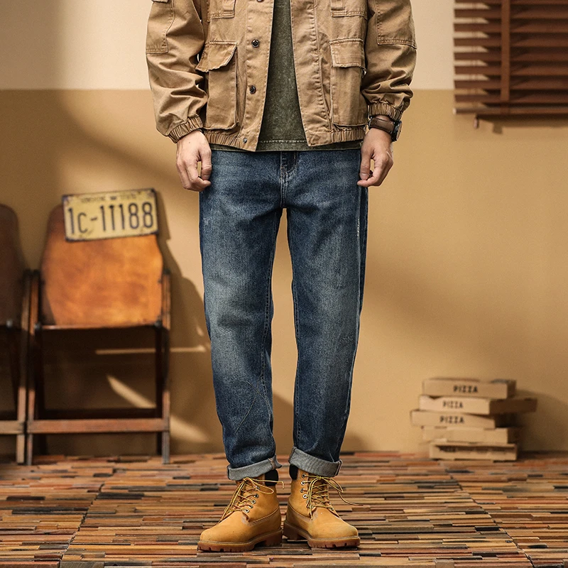 宽松直筒复古水洗牛仔裤休闲男士刺绣潮款破洞日系百搭967