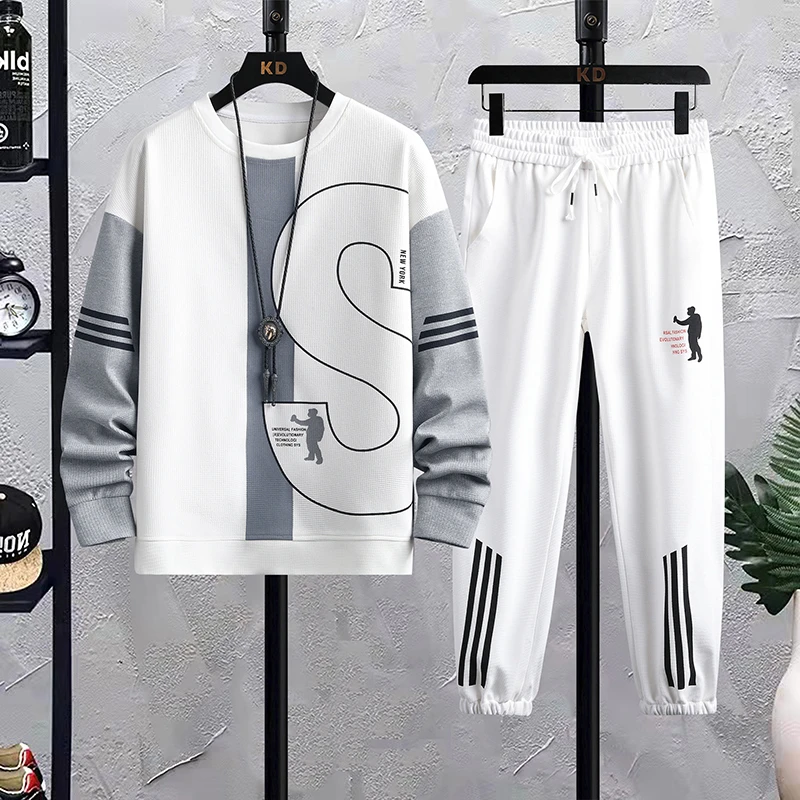【秋季热卖】时尚男士运动套装潮流透气华夫格休闲长袖长裤两件套