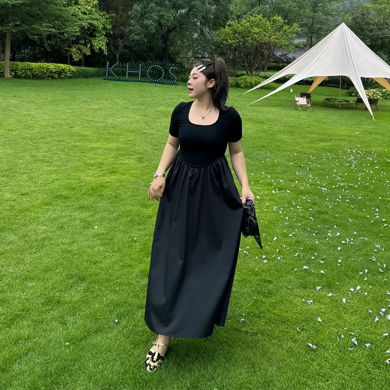 巨显瘦 大码女装年夏季款胖妹妹mm收腰显瘦拼接u领连衣裙裙子遮肉