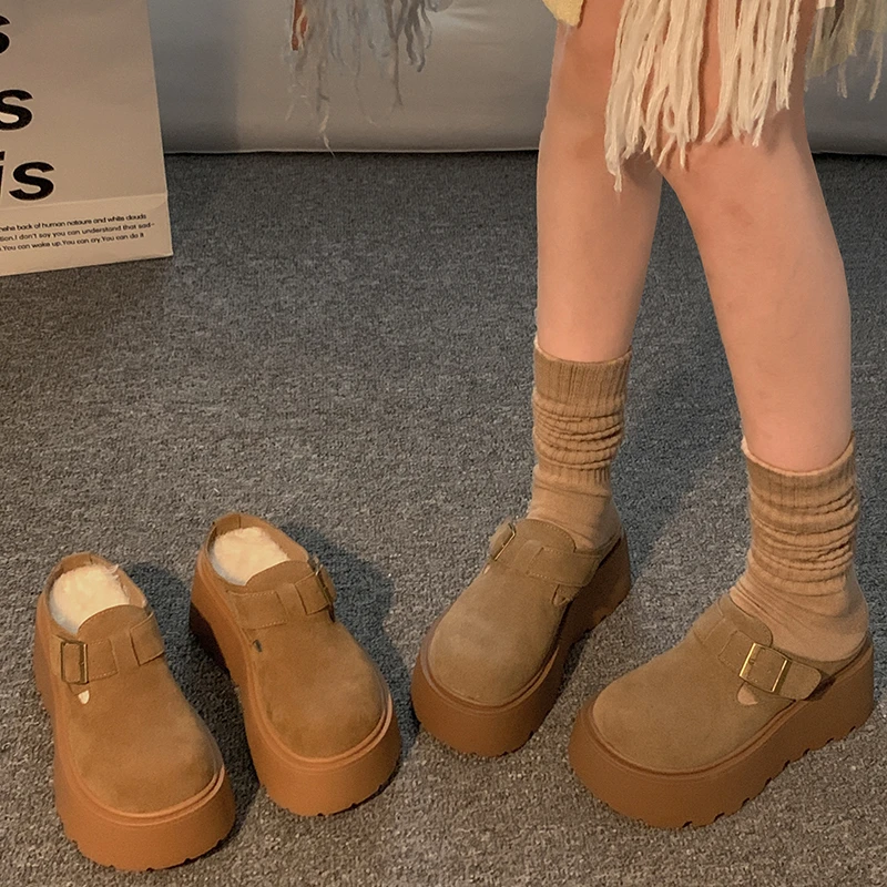 贾不假勃肯鞋女2025秋冬季新款加绒包头半拖鞋厚底博肯鞋保暖鞋子