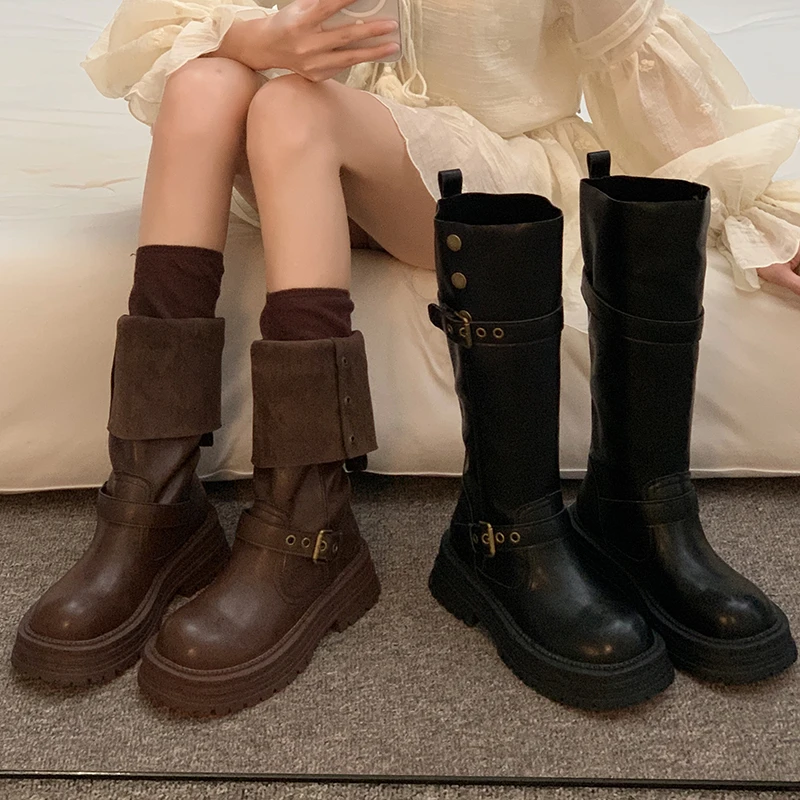 贾不假女长筒靴2025春季新款复古爆款美拉德增高英伦厚底骑士靴