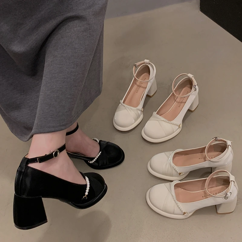 贾不假女式单鞋2025春季新款网红时尚珍珠配裙子高跟韩系玛丽珍鞋