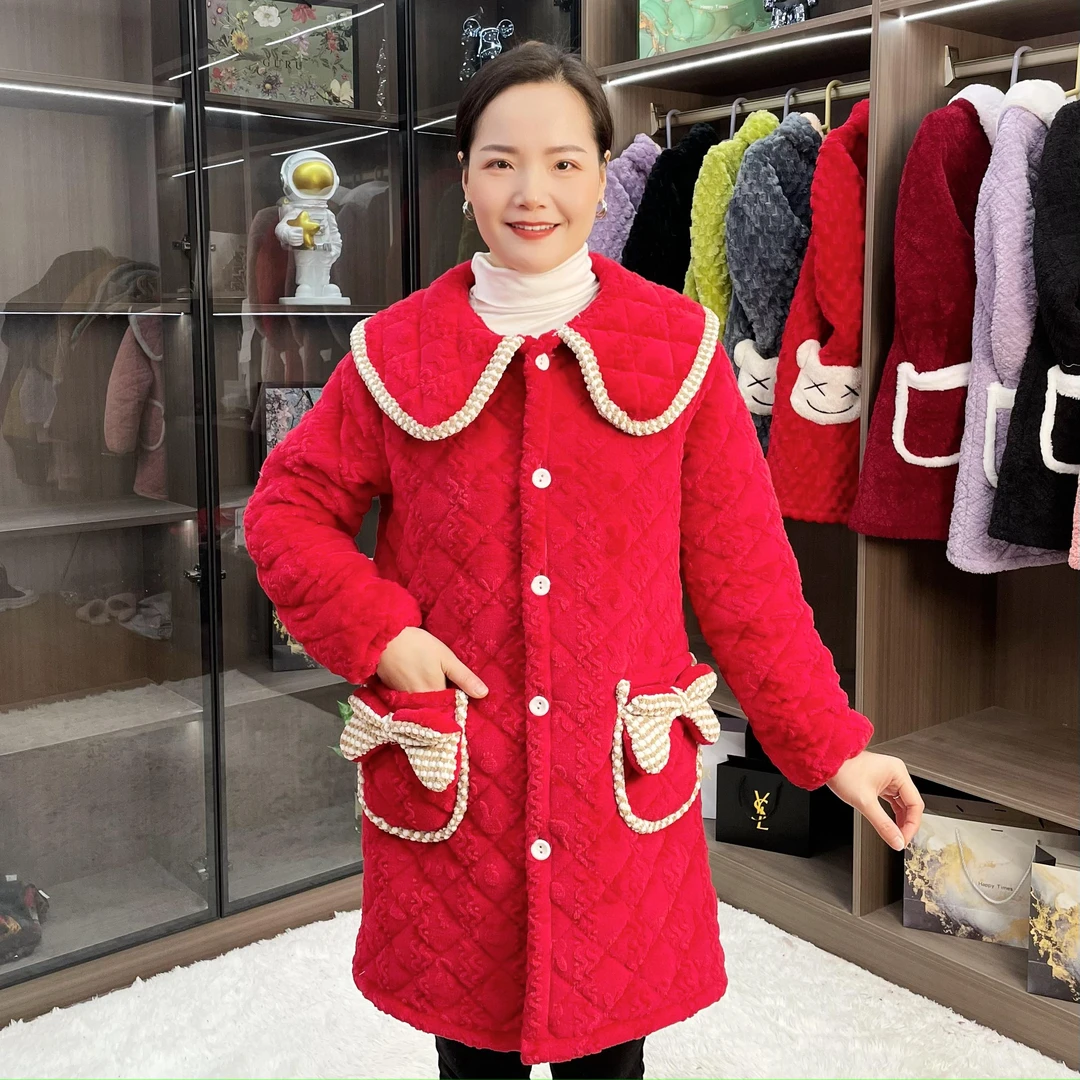 新款棉服外穿加绒加厚罩衣女中长款娃娃领秋冬装女装家居服外套