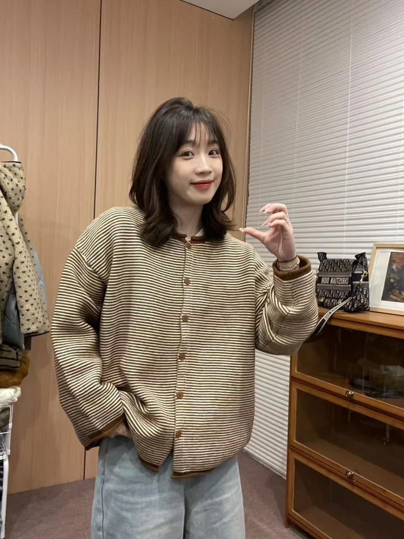 Sevbasks 2024 韩版 棕咖色条纹高密百搭针织开衫