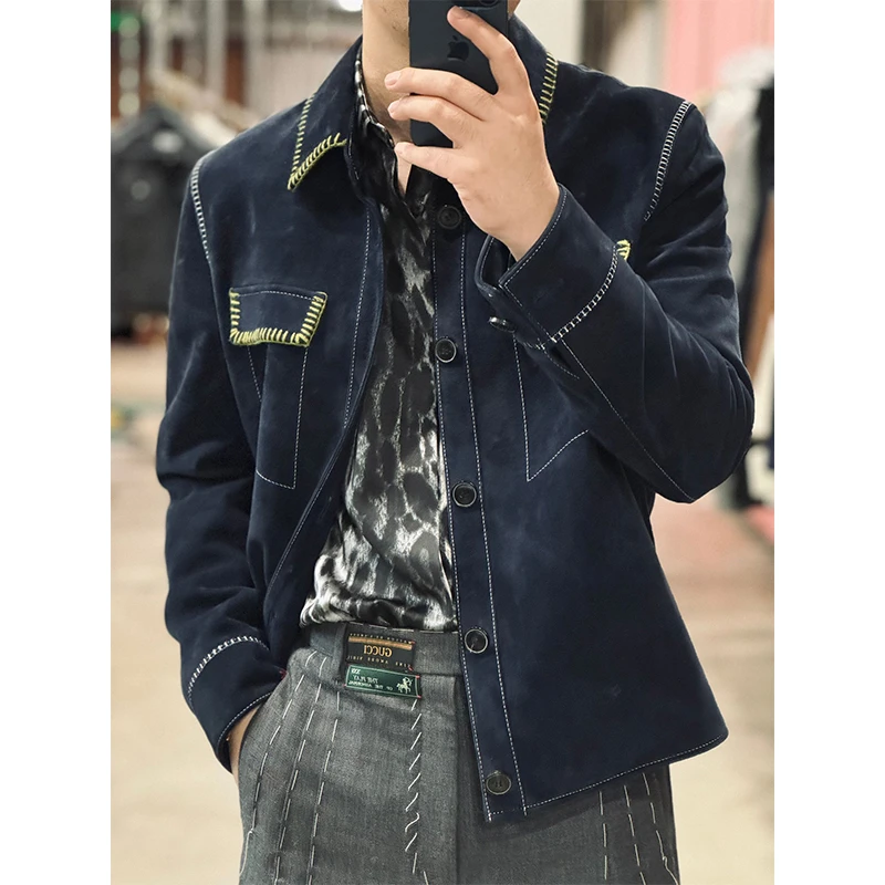 36900版”度假风 优雅刺绣midnight blue"头层小羊羔皮 夹克