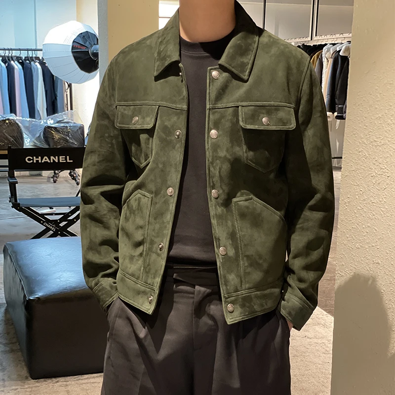 （主店）LA CALIFFA“清新男主角”橄榄绿 小羊皮 立体剪裁 牛仔皮衣