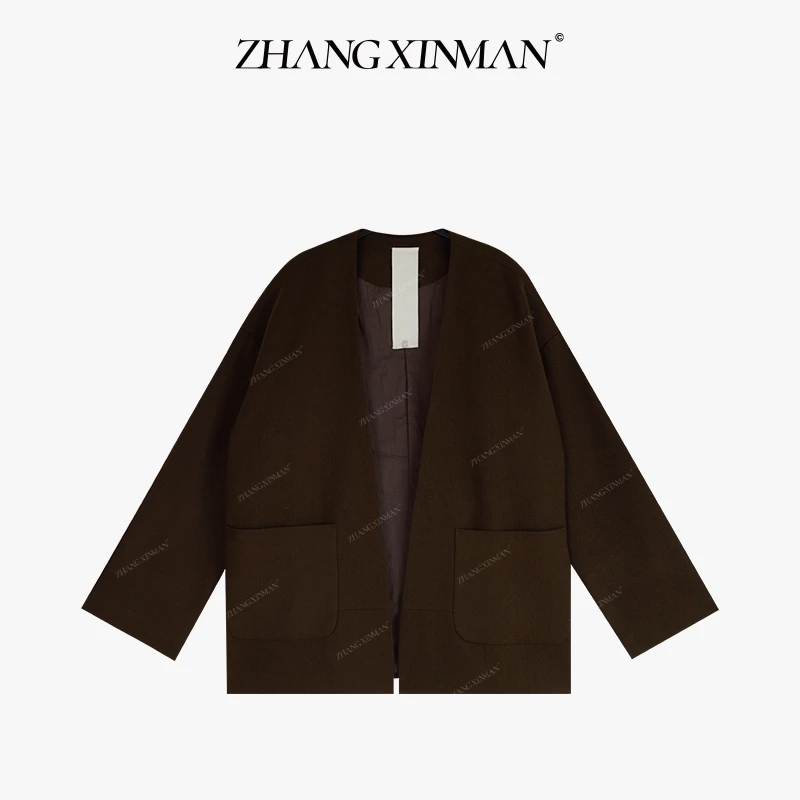 Zxm-【禾念】羊毛桑蚕丝对襟无扣外套休闲毛呢上衣ZXN3W680