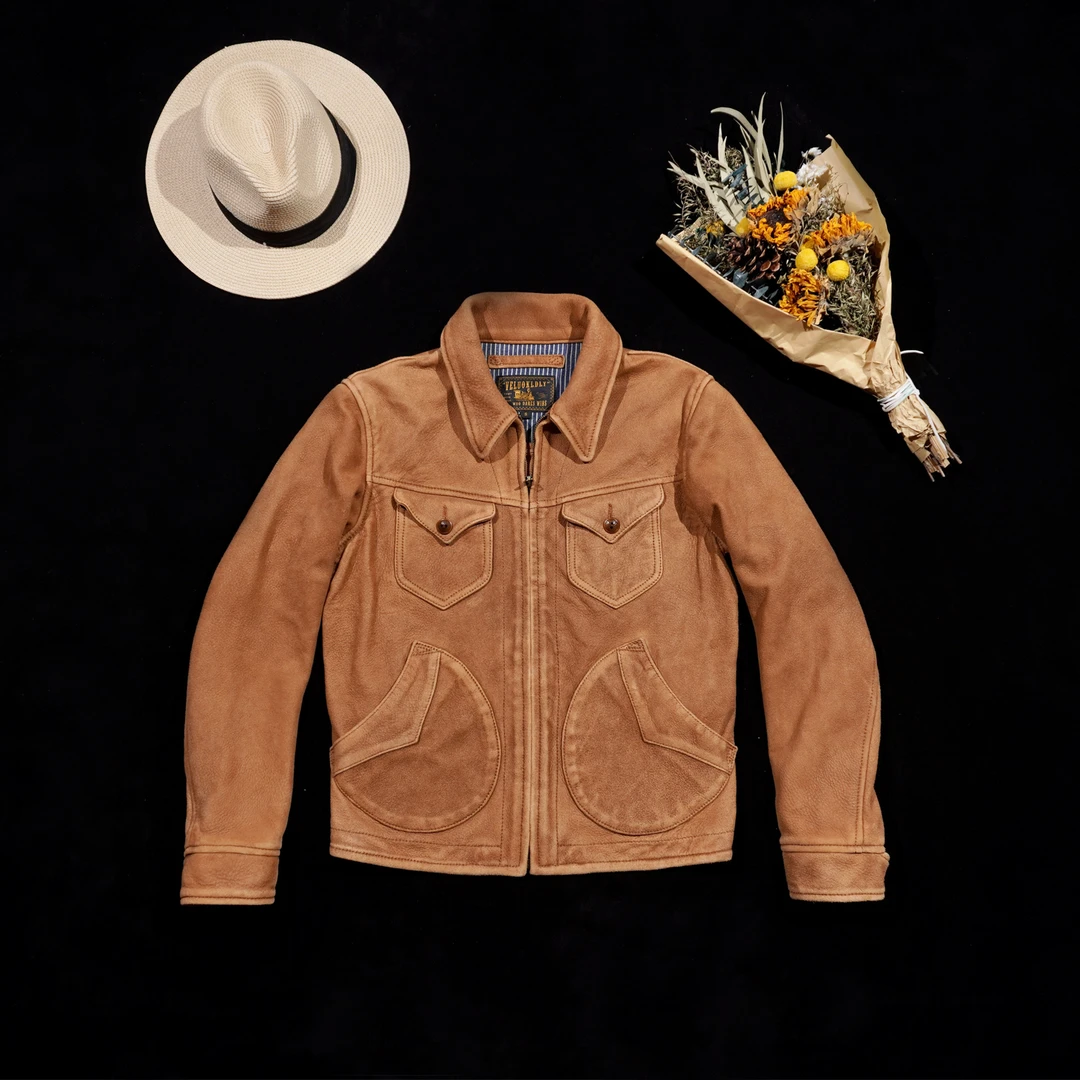 门多萨水洗做旧头层反绒羊皮皮衣美式复古RL男无里衬修身咔叽短款