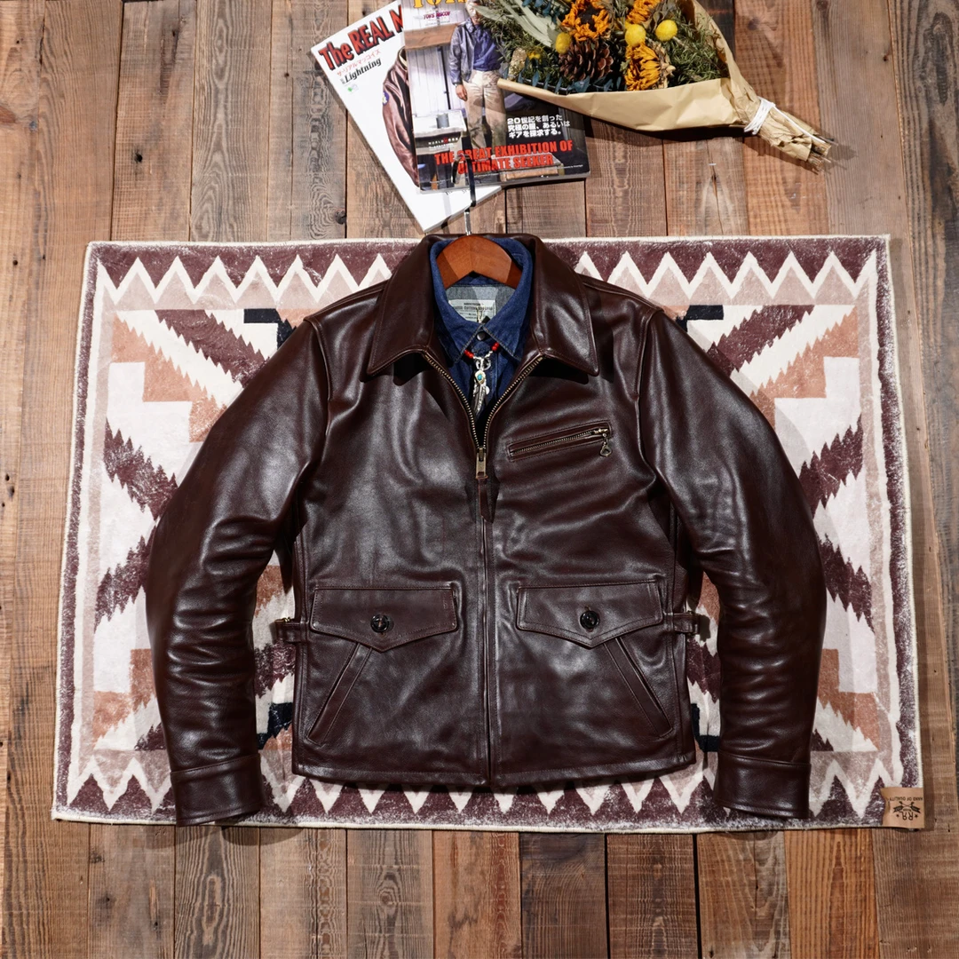 张学友同款牛皮皮衣蜡染植鞣美式复古阿美咔叽机车夹克男士真皮
