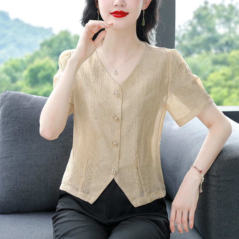 法式V领短袖衬衫女夏季2025年新款气质显瘦妈妈小衫卡腰雪纺上衣
