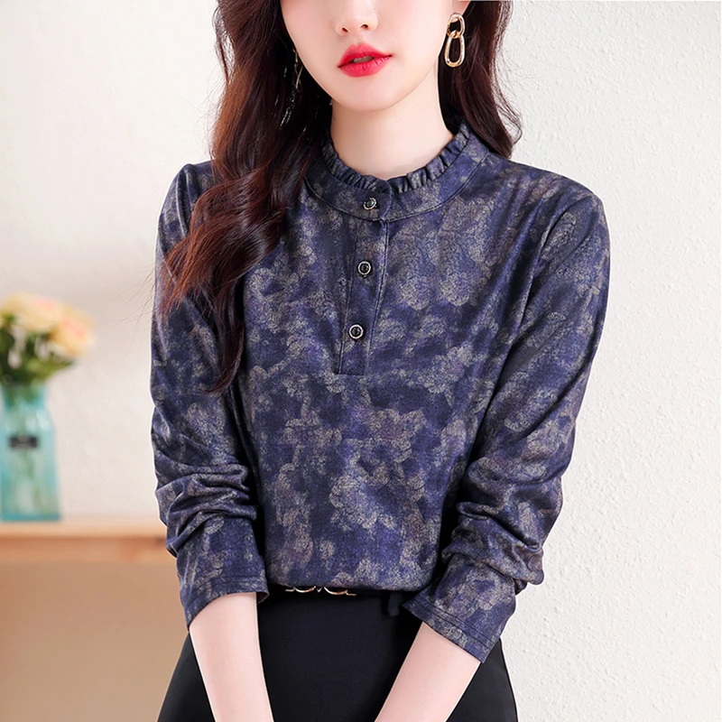 德绒衬衫女士装立领打底衬衣春秋冬新款内搭大码碎花上衣妈妈小衫