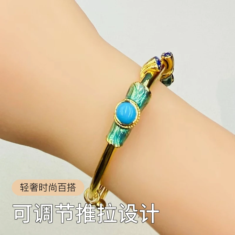 铜合金珐琅手镯 新品)轻奢时尚百搭彩色古法精美可调节推拉手镯