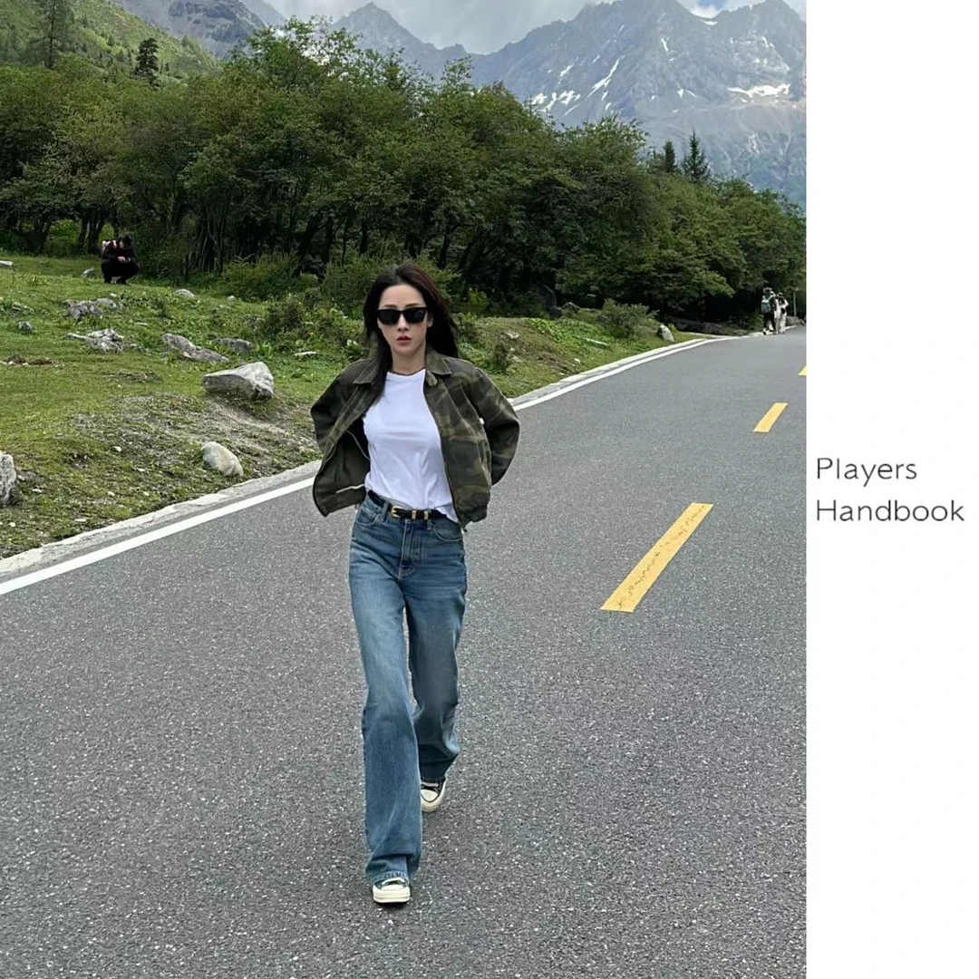 PlayersHandbook时尚显瘦休闲秋季直筒牛仔裤宽松长袖高腰ph0289