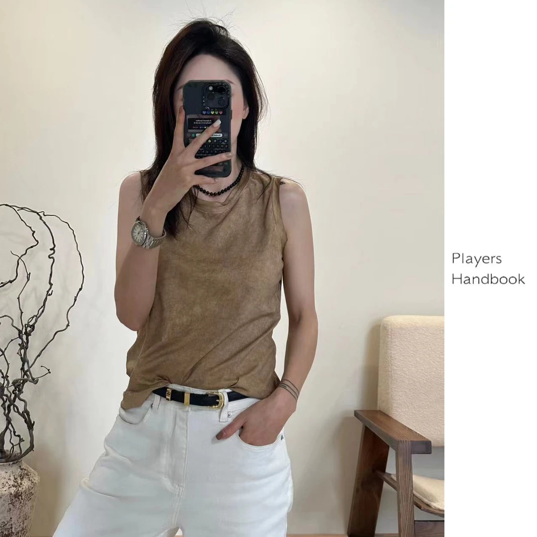 playershandbook重洗水染色做旧桑蚕丝领圆领短袖T恤背心PH0275