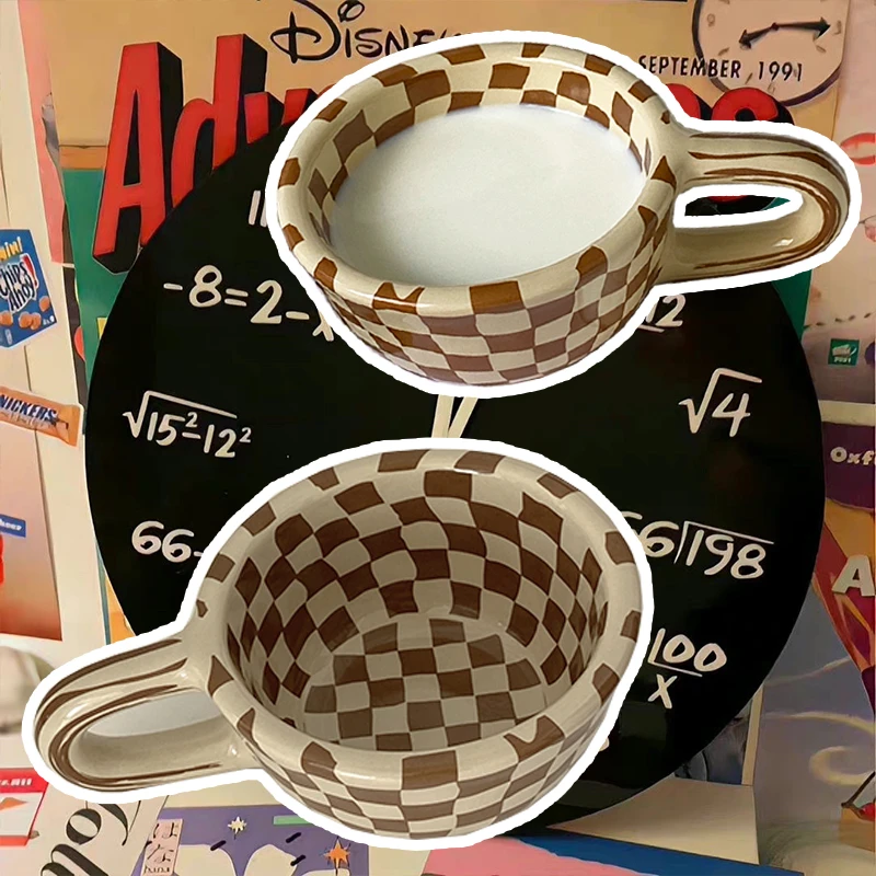 180ml高颜值小众陶瓷拿铁杯韩国ins水杯棋盘格马克杯咖啡喝水杯子