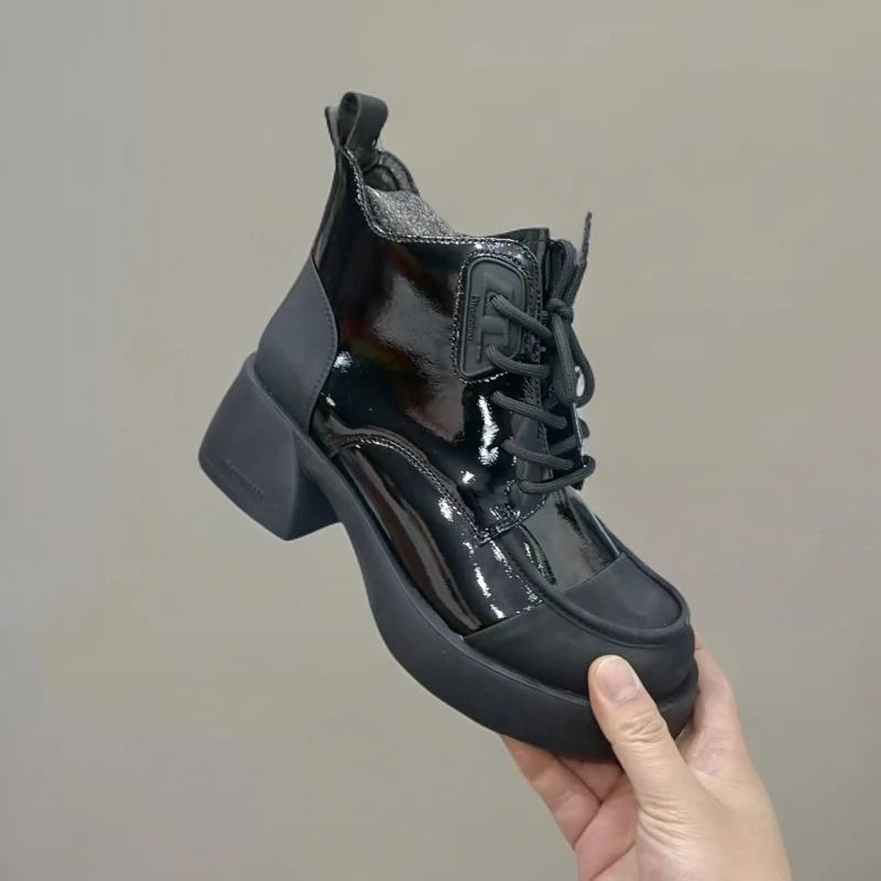 1524-C1-单里新款高帮靴子女粗跟小短靴欧货时尚马丁靴英伦风