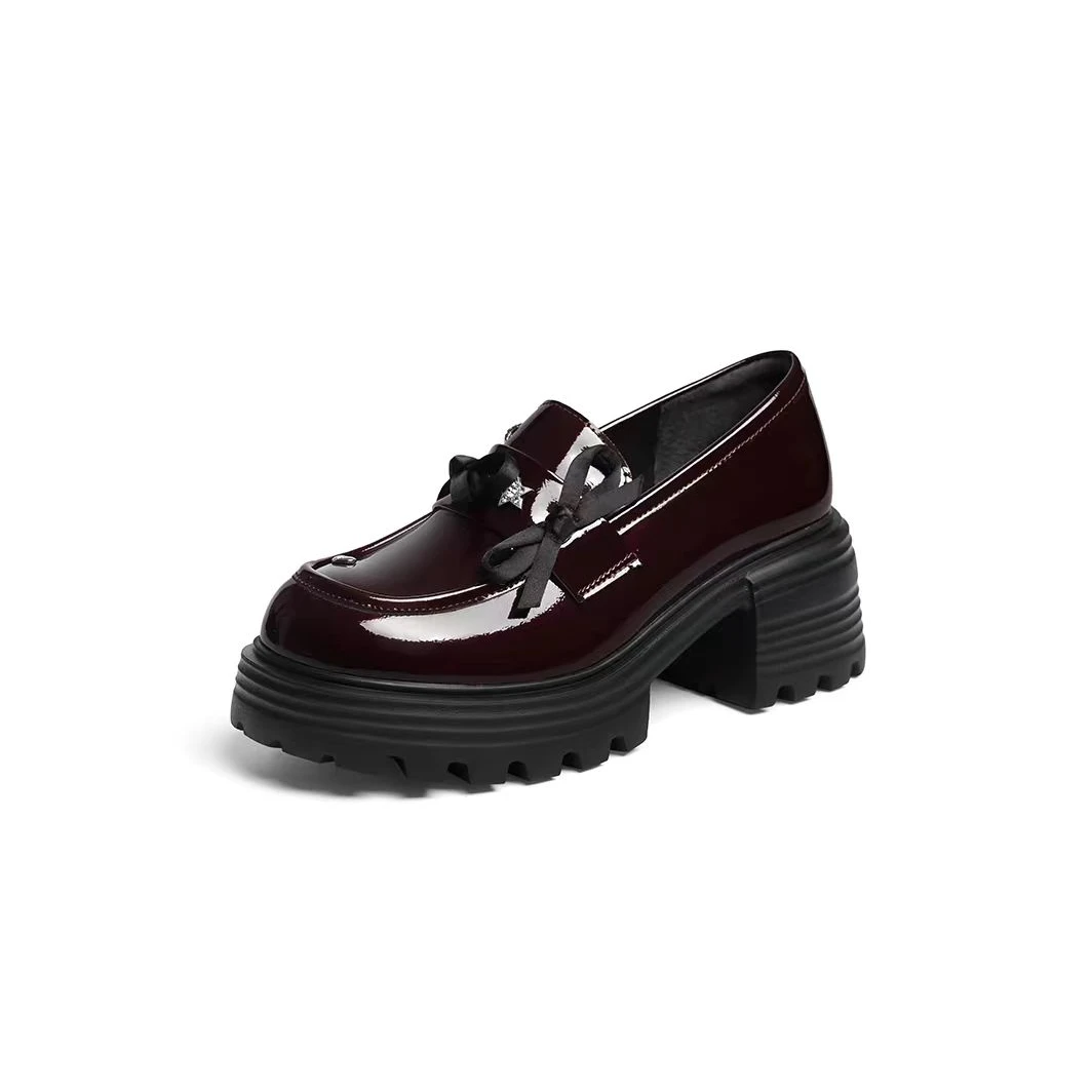 1424-B4-百搭高跟圆头浅口小皮鞋粗跟单鞋女