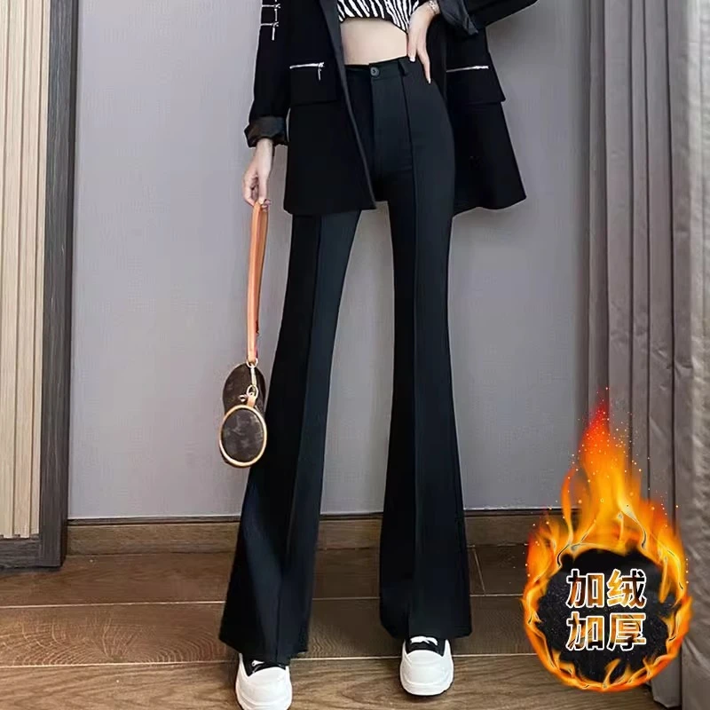 Boxiviilla/波西维拉黑色加绒喇叭裤女秋冬高腰显瘦休闲西装裤子