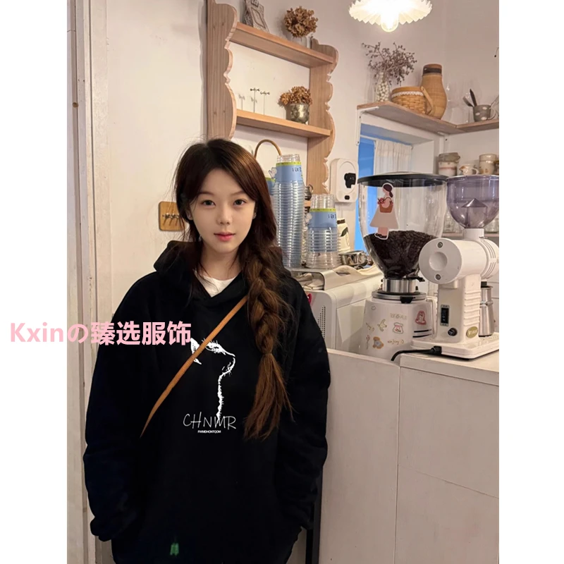 银狐绒加绒加厚卫衣女秋冬2024新款宽松美式慵懒风小众连帽外套潮