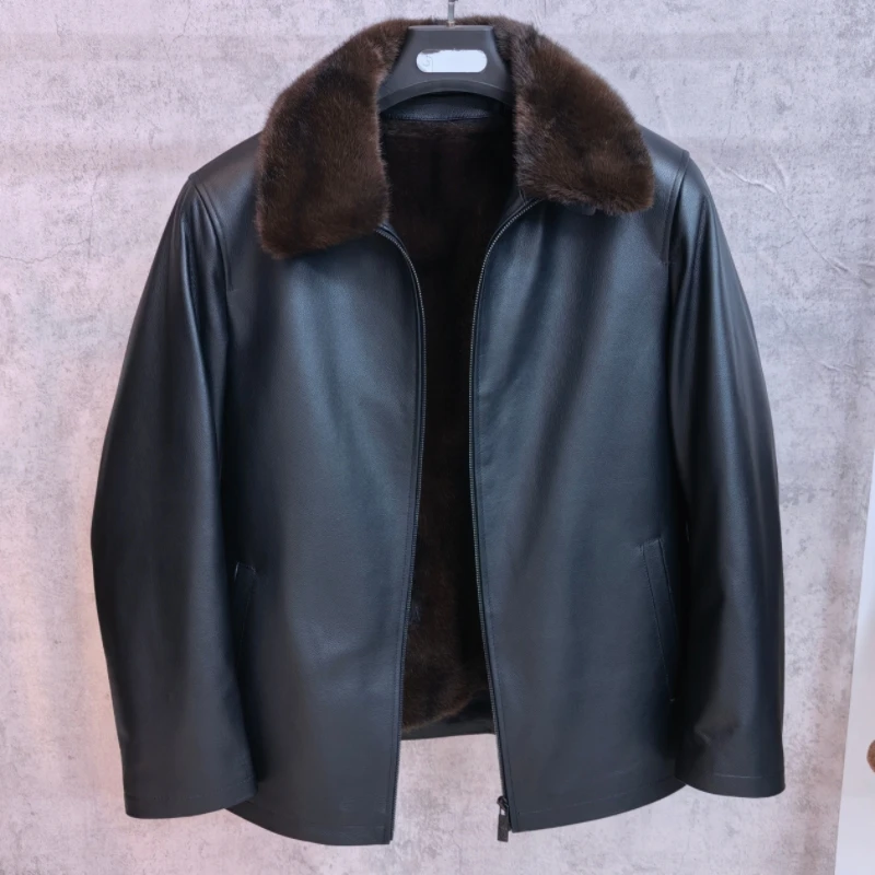 新款整皮头层牛皮冬款加绒厚可拆卸内胆男士休闲时尚翻领真皮皮衣