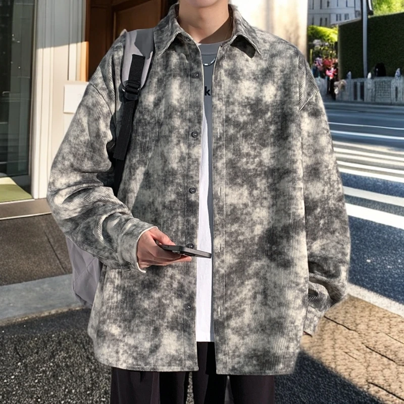 扎染灯芯绒男士长袖衬衫春秋季潮牌美式复古衬衣百搭宽松大码外套