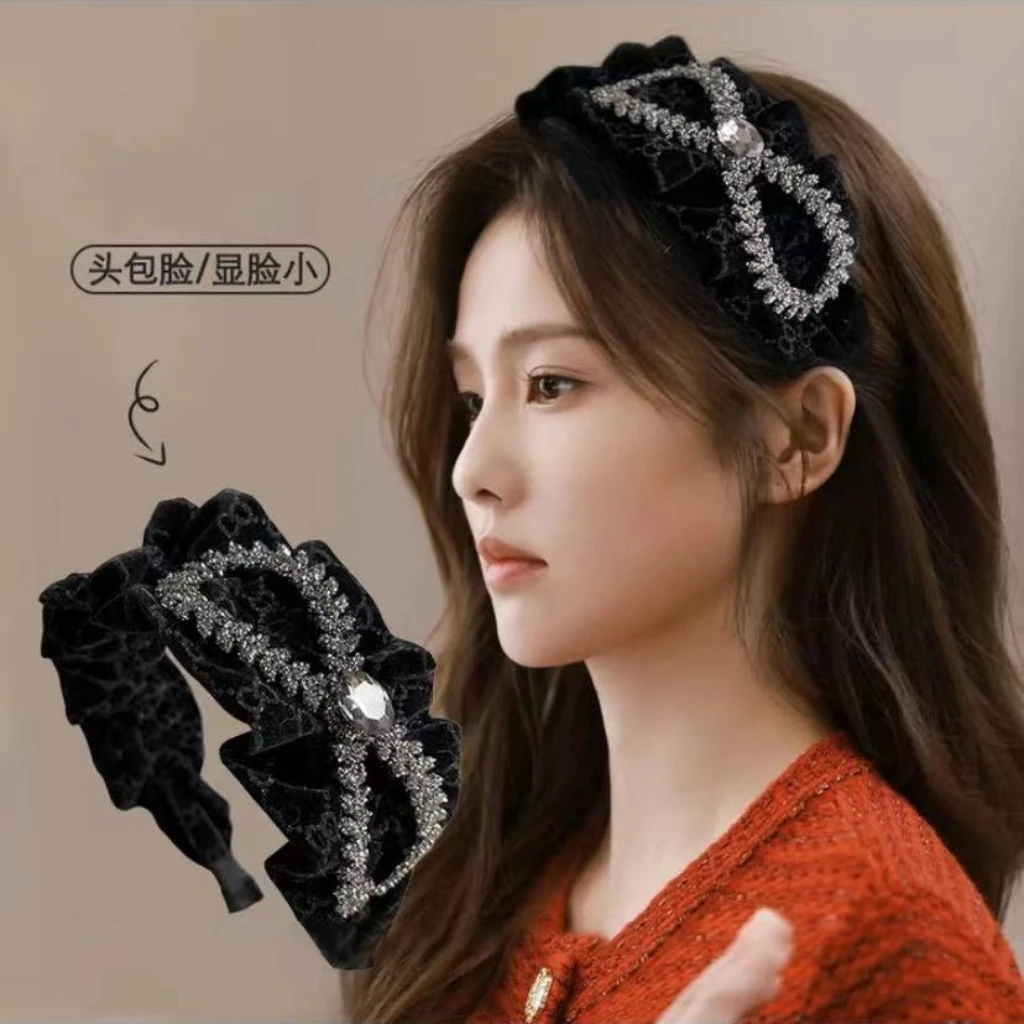 黑天鹅高级褶皱复古法式丝绒网红气质百搭时尚简约黑色发箍宽边