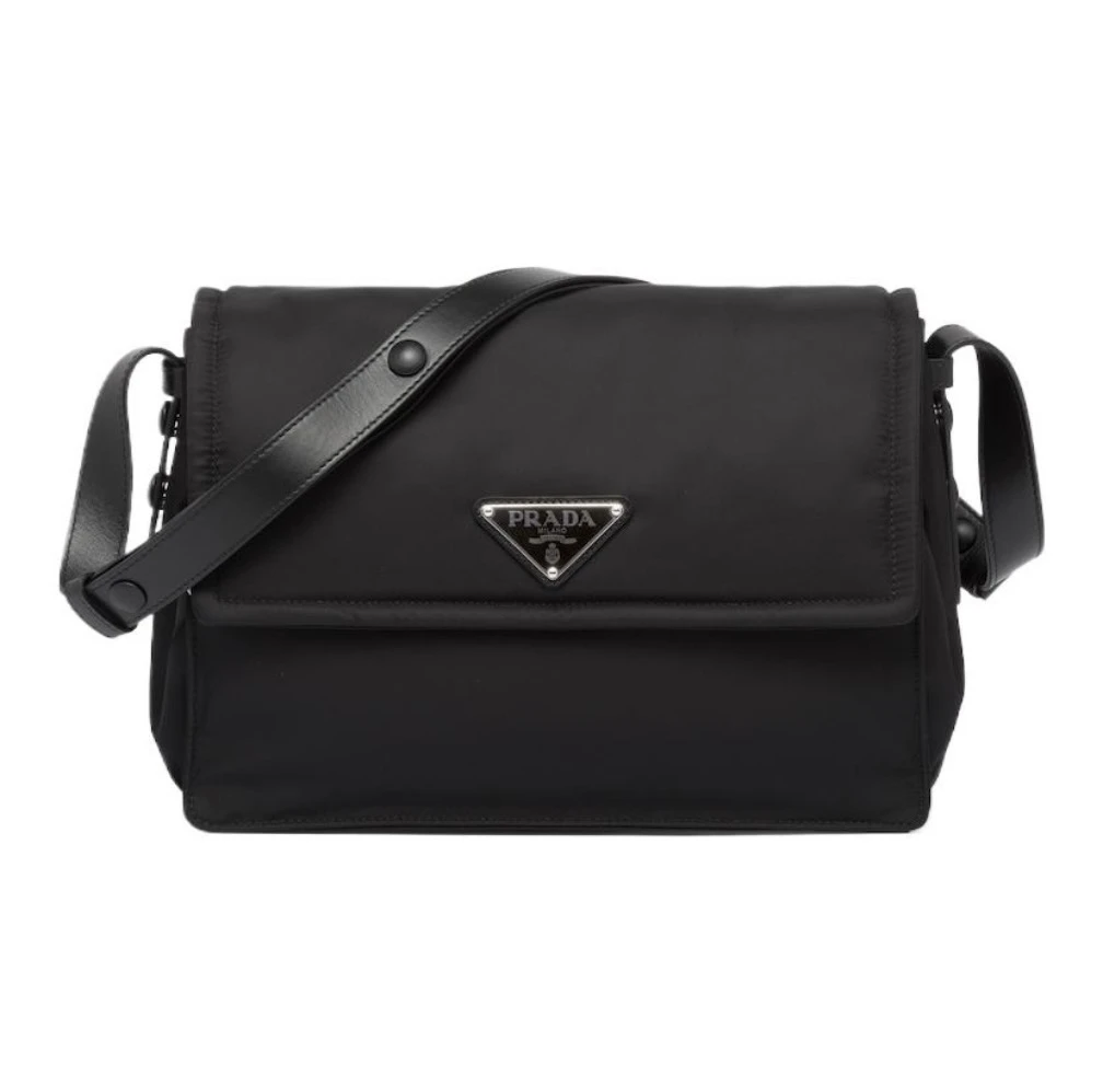 99新 Prada/普拉达 Cini中号金属三角标磁吸式翻盖尼龙邮差包