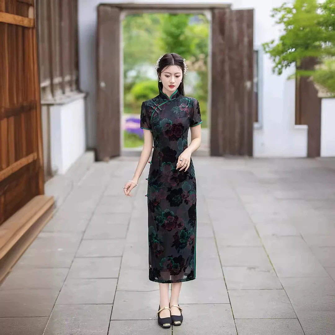 8429-2024春夏款扎染印花长款旗袍修身显瘦日常连衣裙少女礼服女