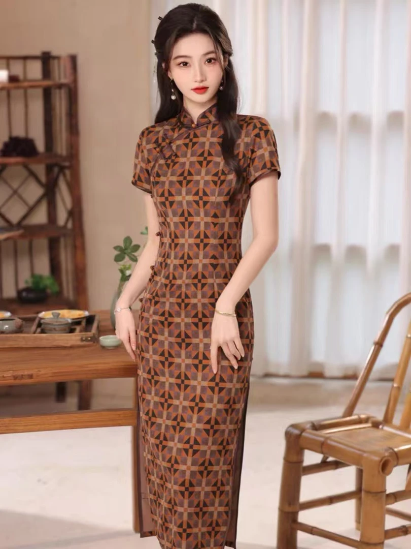 6002新款中式复古港风双层短袖年轻款旗袍