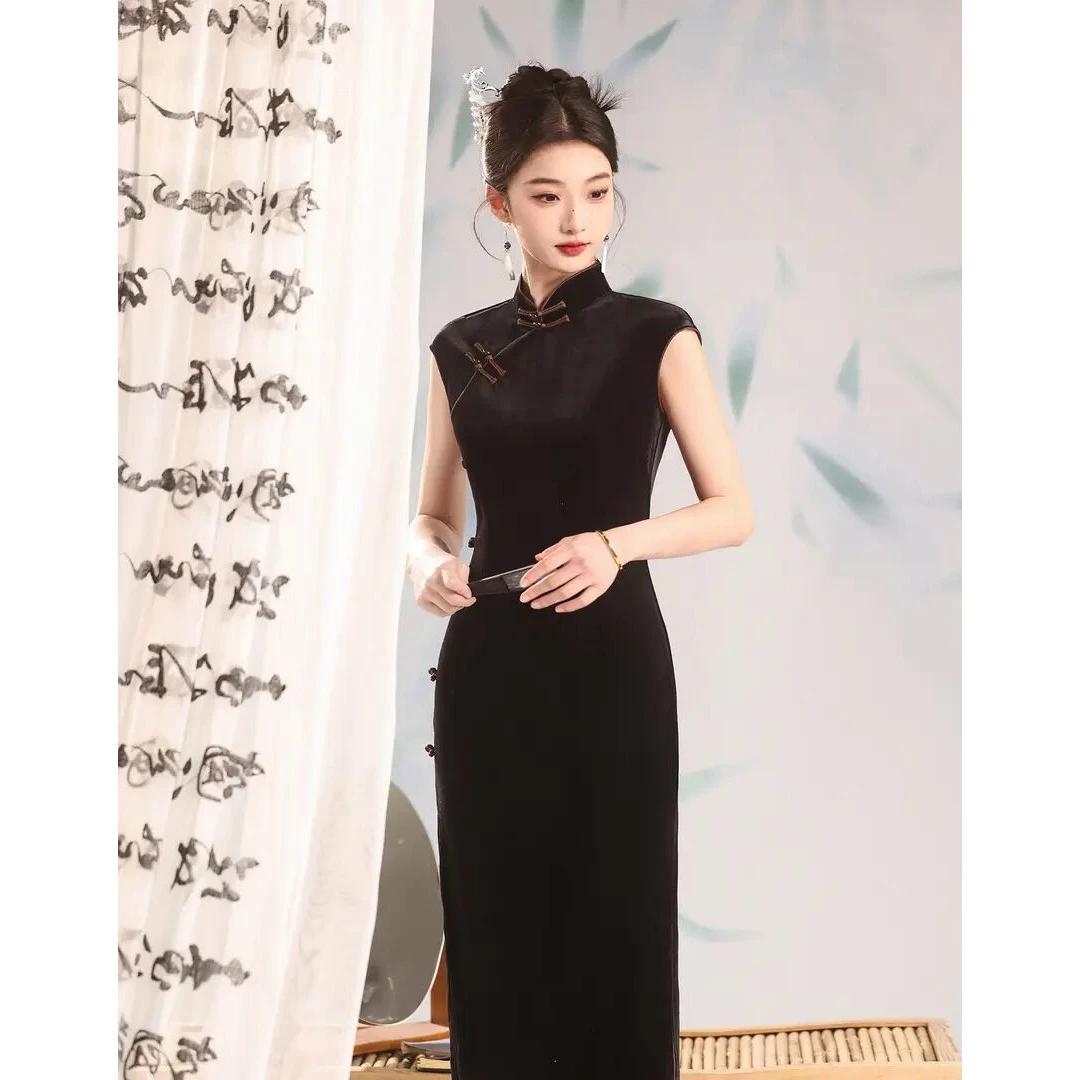 6007单层金丝绒经典旗袍衣长126左右重工旗袍